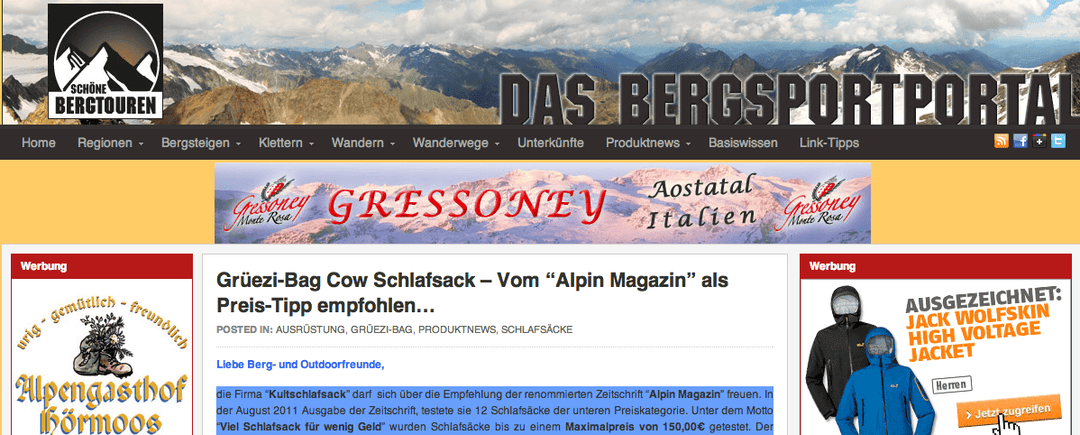 GRÜEZI-BAG Schlafsack – “ALPIN MAGAZIN” als Preis-Tipp empfohlen…