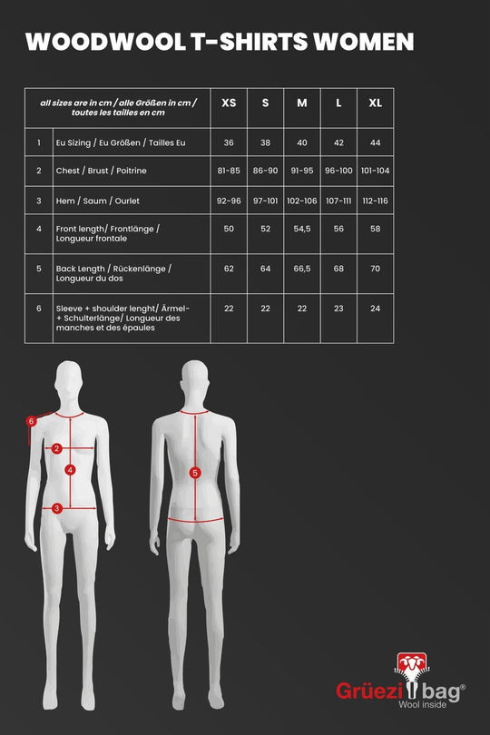 WoodWool T-shirt Damen Kira Hometown Sizechart 