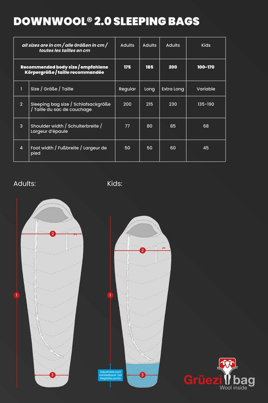Size Chart DownWool Sleeping bag