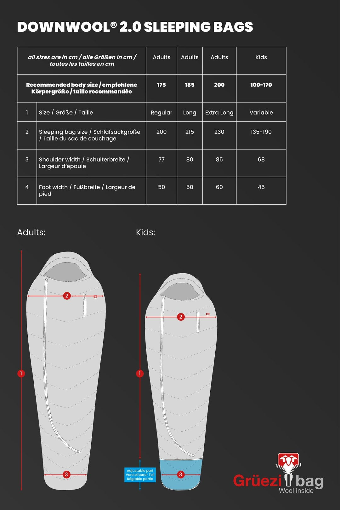 Leichter Sommerschlafsack DownWool Extreme light regular Größentabelle